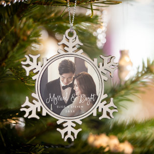 Married & Bright   Wedding Photo Snowflake Pewter Christmas Ornament