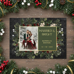 Married & Bright Winter Berries & Pine Black Photo Foil Holiday Card
