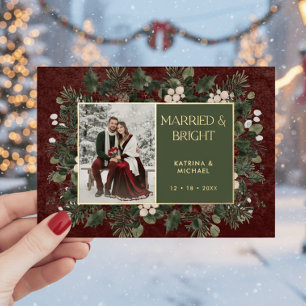 Married & Bright Winter Berries & Pine Wine Photo Foil Holiday Card