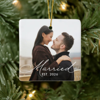 Married Calligraphy Photo Newlywed Ceramic Ornament
