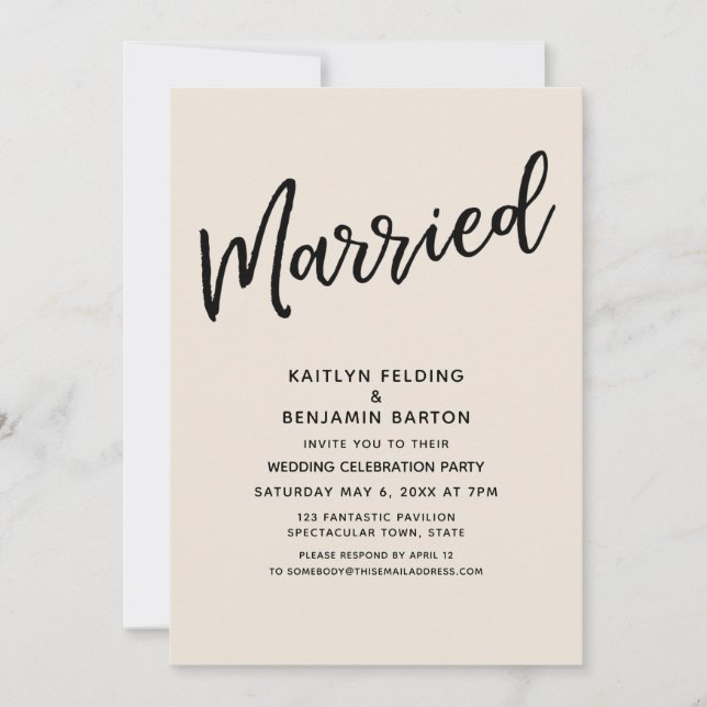 "Married" Casual Script Typography Cream Reception Invitation (Front)