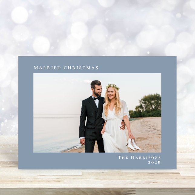 Married Christmas 2 Photo Dusty Blue Holiday Card (A beautiful and unique photo card to announce your marriage to family + friends this holiday season)