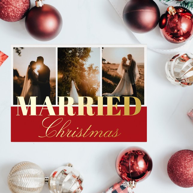 Married Christmas 3 Photo Collage Red White Foil Foil Holiday Card (Creator Uploaded)