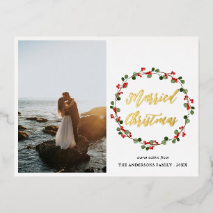 Married Christmas Berry Wreath Couple Photo Foil Holiday Postcard