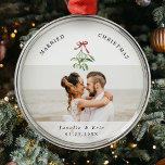 Married Christmas Cute Mistletoe Newlyweds Photo  Metal Ornament<br><div class="desc">Cherish your first Christmas together with our 'Married Christmas' ornament. Customised for the newlyweds' joyous memories with your favourite wedding photo as well as a cute watercolor mistletoe illustration,  your names and date of nuptials.🎄📸✨ #FirstChristmasJoy #PersonalizedKeepsake</div>