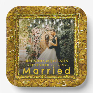 Married Christmas Elegant Gold Type Wedding Photo  Paper Plate