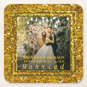 Married Christmas Elegant Gold Type Wedding Photo Square Paper Coaster