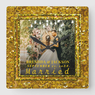 Married Christmas Elegant Gold Type Wedding Photo Square Wall Clock