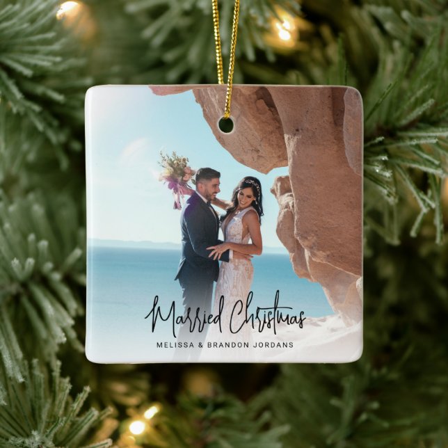 Married Christmas Modern Hand-Lettered 2 Photo Ceramic Ornament (Tree)