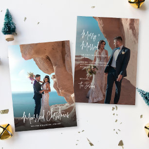Married Christmas Modern Hand-Lettered 2 Photos Holiday Card