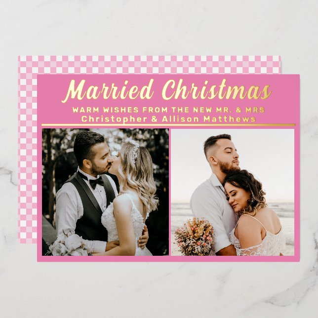 Married Christmas Newlywed Brush Script 3 Photo Foil Holiday Card (Front/Back)