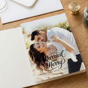 Married Christmas Newlywed Brush Script Photo Holiday Card