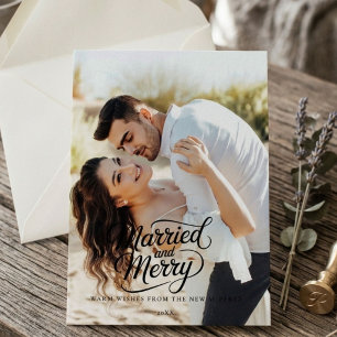 Married Christmas Newlywed Brush Script Photo Holiday Card