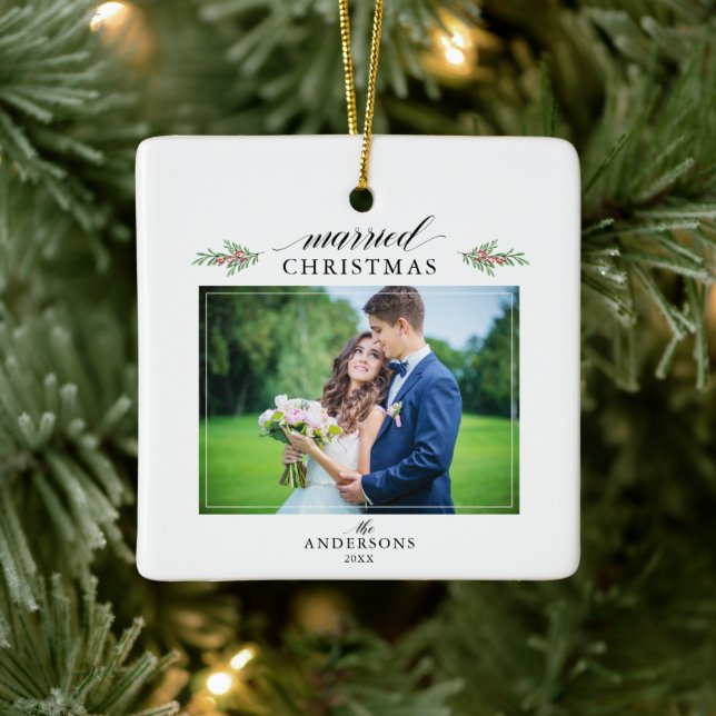 Married Christmas Newlywed Photo Christmas Ceramic Ornament (Tree)