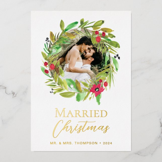 Married Christmas Newlywed Photo Foil Wreath Foil Holiday Card (Front)