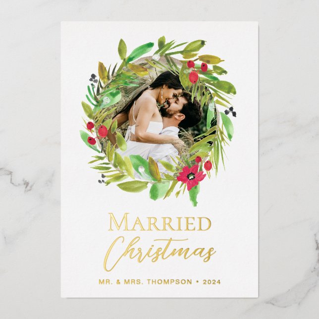 Married Christmas Newlywed Photo Foil Wreath Foil Holiday Card (Front)