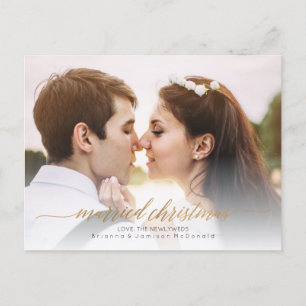 Married Christmas Newlywed Photo   Gold Holiday Postcard