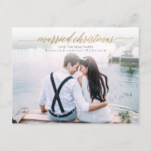Married Christmas Newlywed Photo Gold Script Holiday Postcard