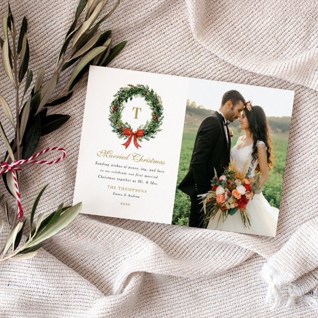 Married Christmas Newlywed Wreath Monogram Photo Holiday Card (Creator Uploaded)