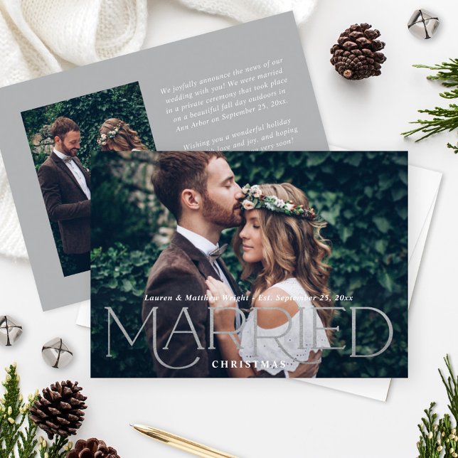 Married Christmas Photo Faux Silver Foil Overlay Holiday Card (Creator Uploaded)