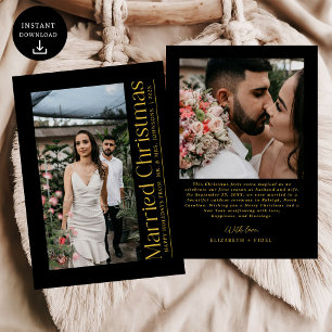 Married Christmas Photo Newlyweds Black & Gold Holiday Card