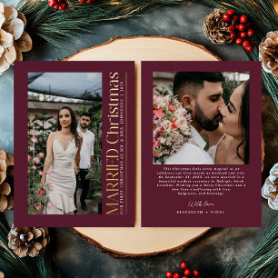 Married Christmas Photo Newlyweds Burgundy Foil Holiday Card