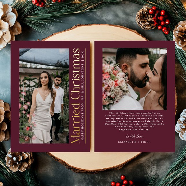 Married Christmas Photo Newlyweds Burgundy Foil Holiday Card (Creator Uploaded)
