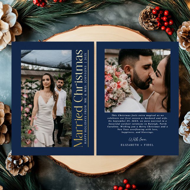 Married Christmas Photo Newlyweds Navy Blue Foil Holiday Card (Creator Uploaded)