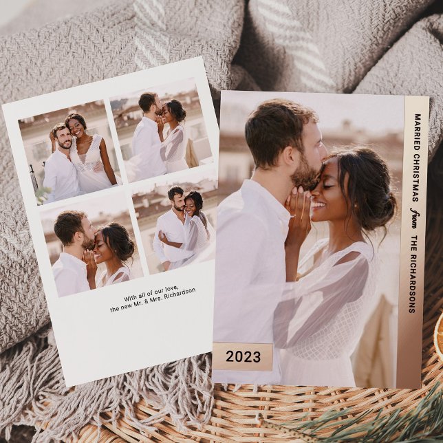 Married Christmas | Rose Gold Newlywed Multi Photo Foil Holiday Card (An elegant, rose gold foil holiday multi photo card for your first married Christmas)