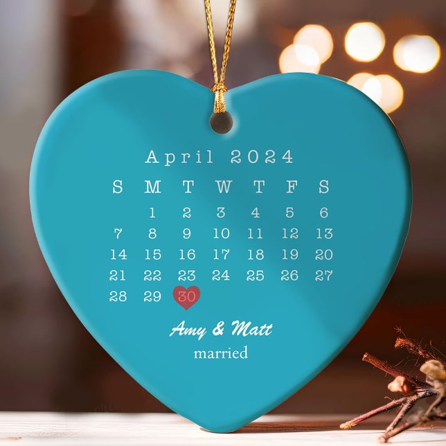 Married Christmas Wedding Date Heart Script Ornament (Creator Uploaded)