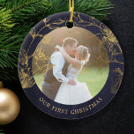Married couple photo first Christmas elegant Ceramic Ornament<br><div class="desc">Elegant newlyweds First Christmas as Mr and Mrs personalized keepsake tree ornament with faux gold typography script and golden foliage and leaves over a dark navy blue background.           A pretty keepsake gift for a new wedding couple.</div>