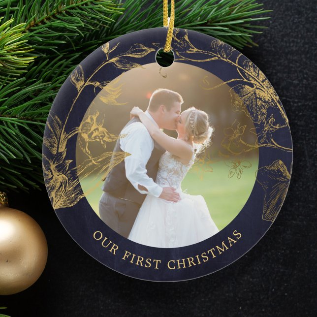 Married couple photo first Christmas elegant Ceramic Ornament (Creator Uploaded)