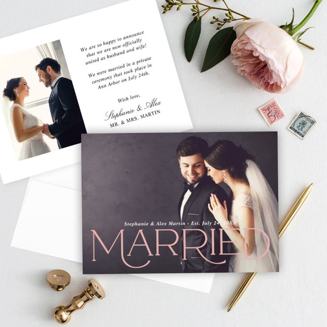 Married Elegant Rose Gold Type Wedding Photo Announcement (Creator Uploaded)