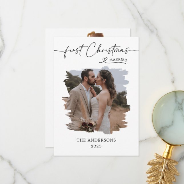 Married First Christmas Brushed Photo Wedding Thank You Card (Front/Back In Situ)