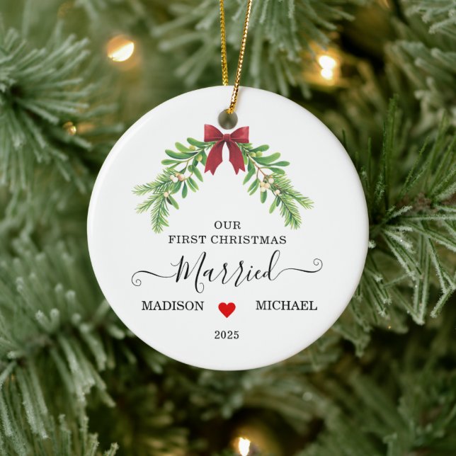  Married First Christmas Mistletoe Holiday Ceramic Ornament (Tree)
