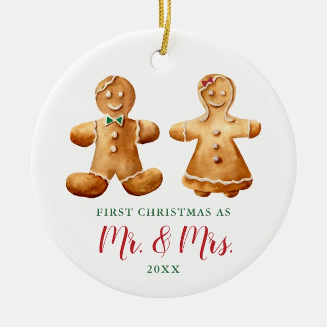 Married Gingerbread Couple Personalised Christmas Ceramic Ornament (Front)