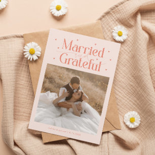 Married & Grateful Wedding Photo Peach Thank You Card