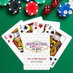 Married in Fabulous Las Vegas Hearts Grey Playing Cards<br><div class="desc">A colourful Married In Fabulous Las Vegas sign design in classic red, blue, and gold pops against a soft grey heart pattern background on these personalised wedding monogram playing cards. Couple names in red script and wedding date complete the keepsake design. All text is fully editable with your details. A...</div>