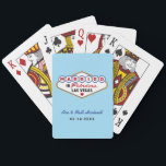 Married in Fabulous Las Vegas Light Blue Playing Cards<br><div class="desc">Fresh light blue brings a cool, cheerful backdrop to the iconic colorful Married In Fabulous Las Vegas sign on these personalized wedding monogram playing cards. Couple names in red script and wedding date are fully editable with your details. A bright and fun wedding favor perfect for summer Vegas destination weddings,...</div>