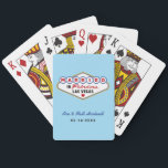 Married in Fabulous Las Vegas Light Blue Playing Cards<br><div class="desc">Fresh light blue brings a cool, cheerful backdrop to the iconic colorful Married In Fabulous Las Vegas sign on these personalized wedding monogram playing cards. Couple names in red script and wedding date are fully editable with your details. A bright and fun wedding favor perfect for summer Vegas destination weddings,...</div>