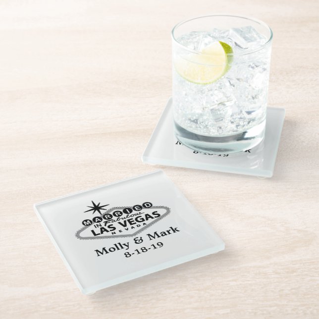 Married in Las Vegas Personalised Wedding Favour Glass Coaster (Angled)