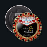 Married in Las Vegas Style - Red Bottle Opener<br><div class="desc">⭐⭐⭐⭐⭐ 5 Star Review. Bottle Opener. Featured in a married in Las Vegas style design with a red and faux gold metallic look ready for you to personalise. More colours are available. 📌If you need further customisation, please click the "Click to Customise further" or "Customise or Edit Design"button and use...</div>