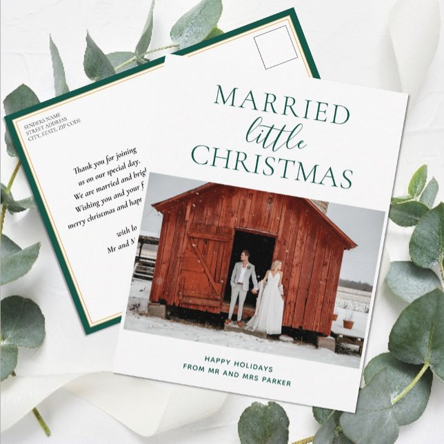 Married Little Christmas Green Script Modern Photo Holiday Postcard (Creator Uploaded)