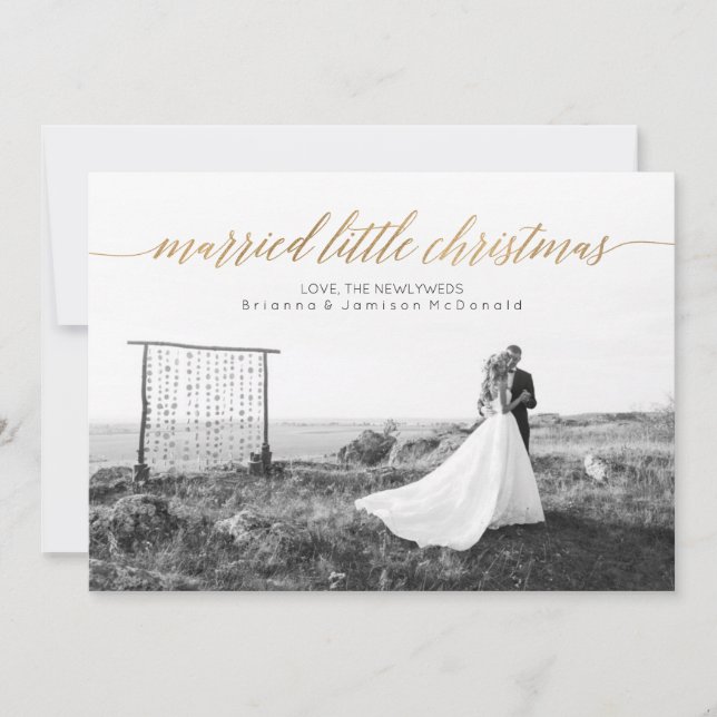 Married Little Christmas Newlywed Photo | Gold Holiday Card (Front)