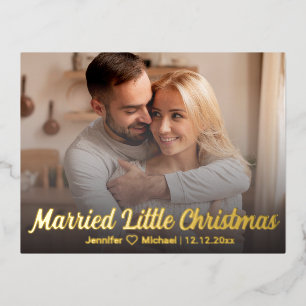 married little Christmas!wedding photo gold chic Foil Holiday Postcard
