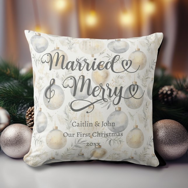 Married Merry 1st Christmas Newlywed Gold Ornament Cushion (Married & Merry Newlyweds 1st Christmas Pillow with gold and platinum ornaments, couple names, date.)