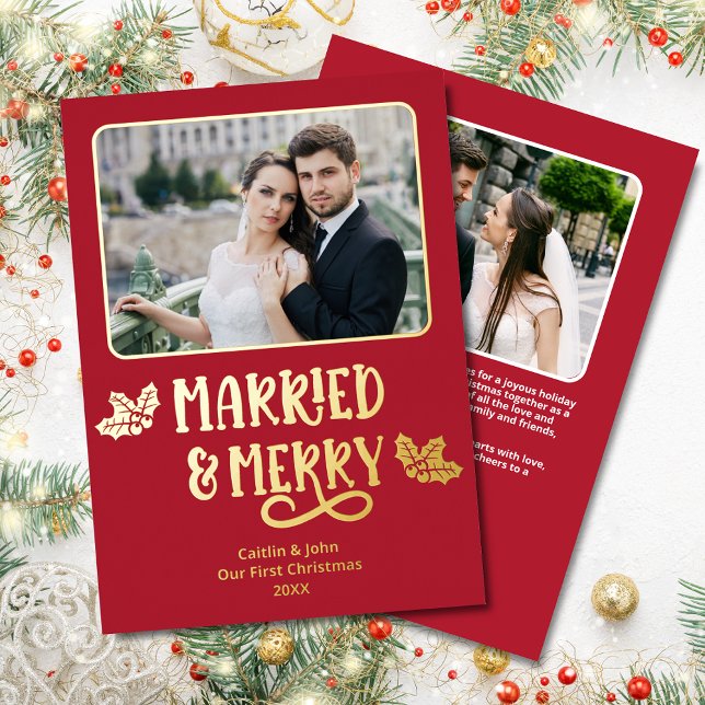 Married Merry 1st Christmas Newlywed Photo Red Foil Holiday Card (Married & Merry Custom Photo Christmas Card in Red with Gold Foil, with personalized message on back)