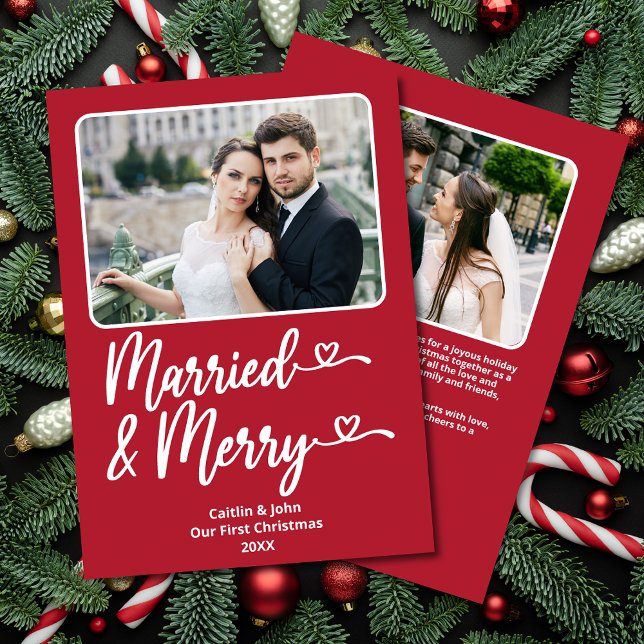Married Merry 1st Christmas Newlywed Photo Red Holiday Card (Married & Merry Custom 2-Photo Red Christmas Card with Hearts, Photo & Personal Message on the back)