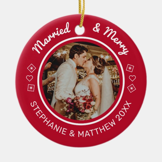 Married & Merry 2 Photo Modern Red Ceramic Ornament (Front)