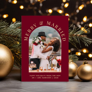 Married Merry Arch Photo Burgundy Gold Christmas Holiday Card